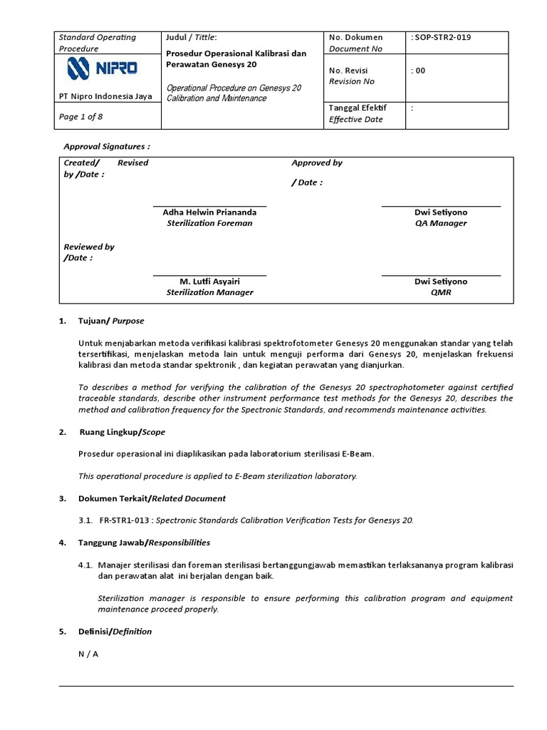 SOP_STR1_019_Operational Procedure on Genesys 20 Calibration and