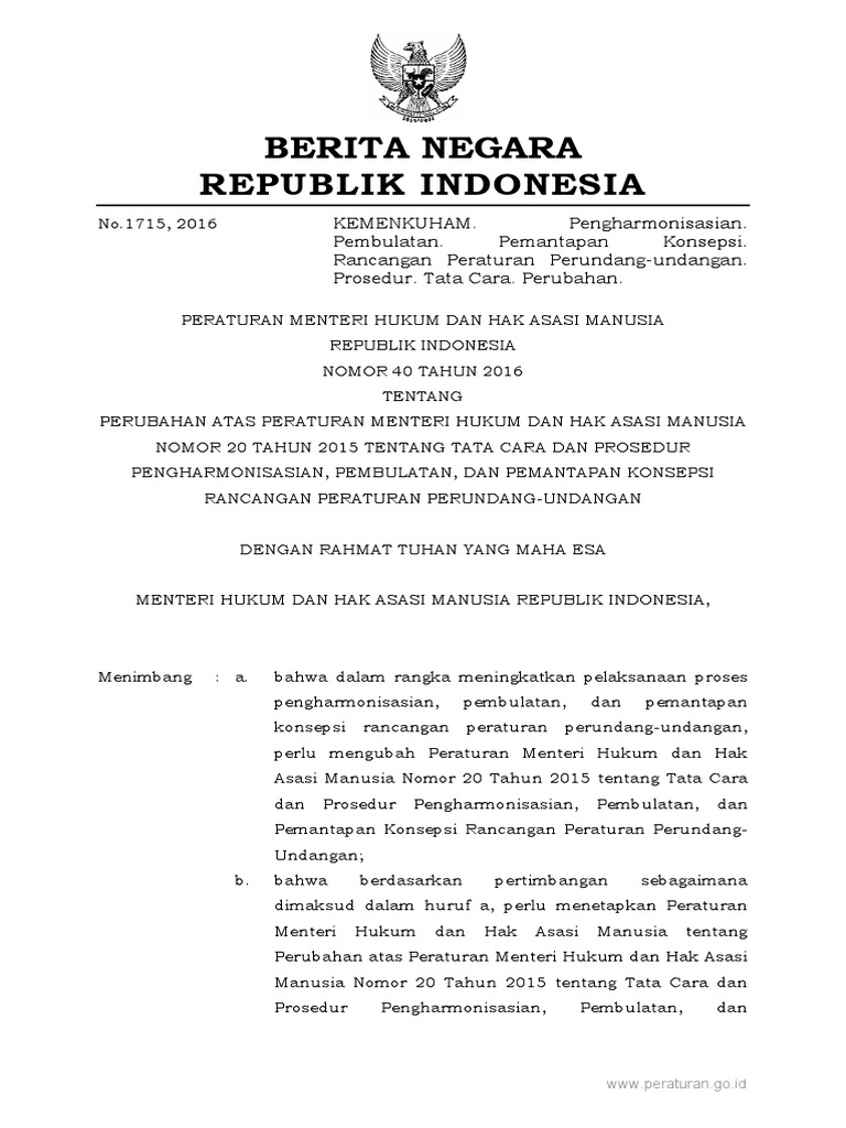 Permenkumham nomor 40 tahun 2016 tentang perubahan permenkumham tata