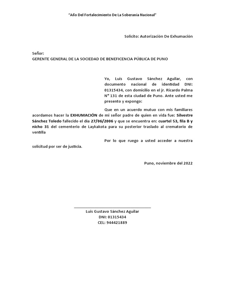Solicitud de Exhumación de Cadáver | PDF