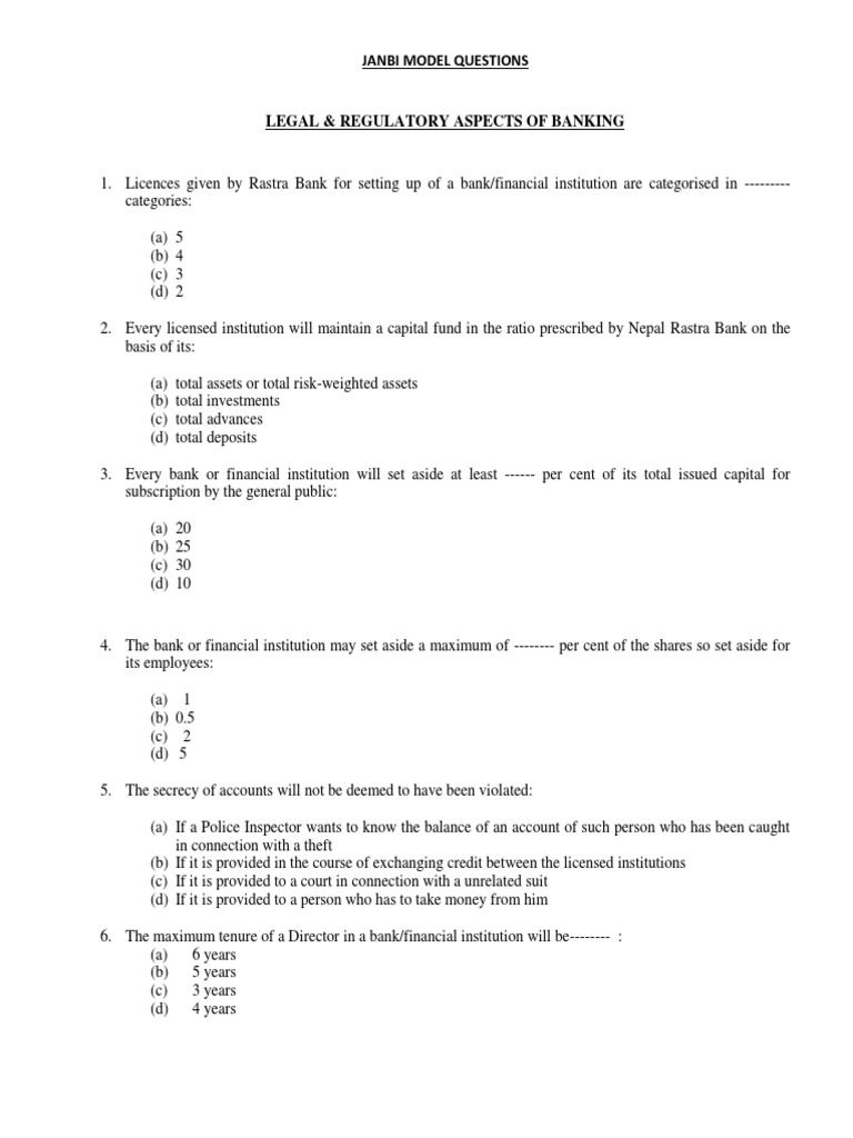 Model Questions Legal & Regulatory Aspects of Banking PDF Banks Liquidation