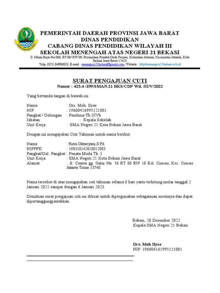 Surat Cuti Tahunan Sma Negeri 21 Bekasi Pdf