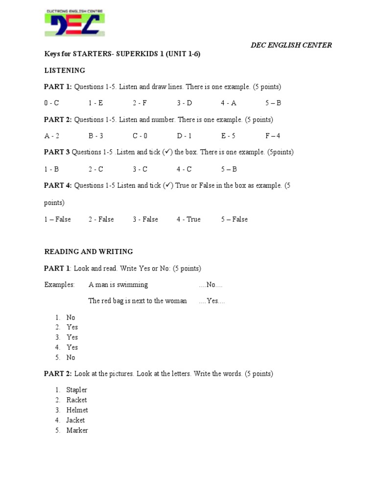 KEY - SUPER KIDS LISTENING TEST (Unit 7-Unit 9) | PDF