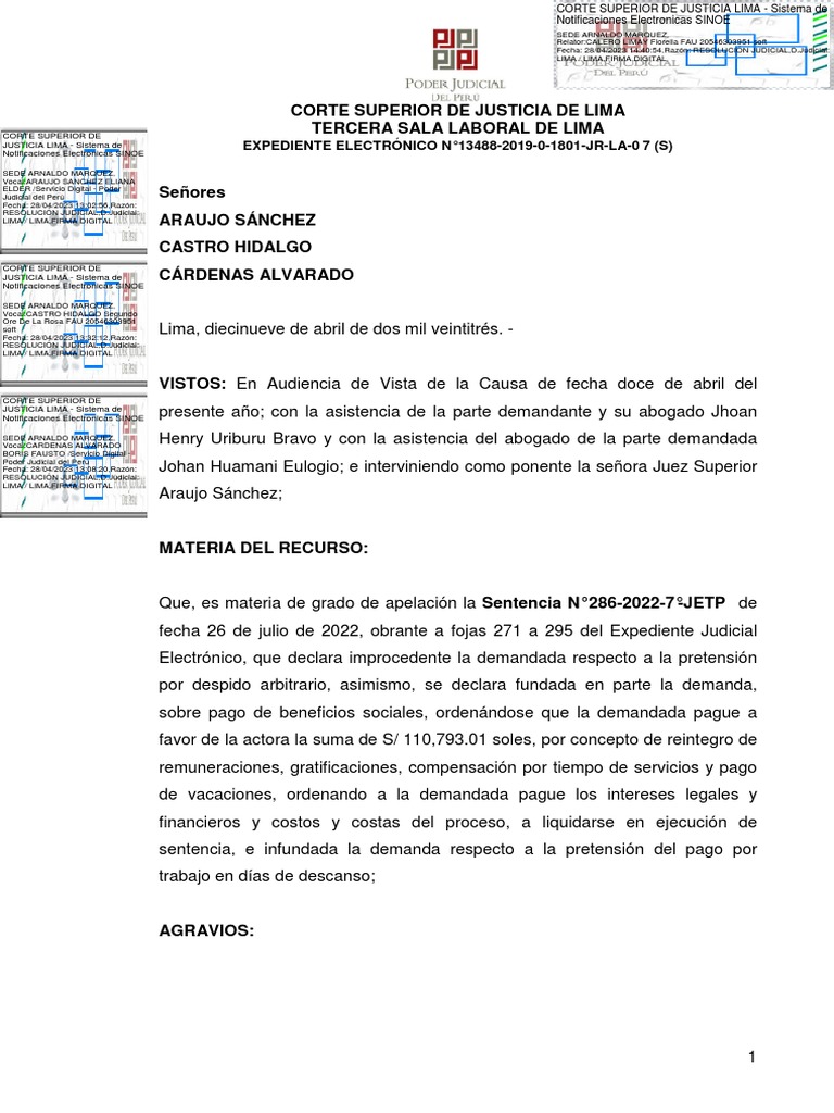 Sentencia VISTA EXP #13488-2019 3ra Sala Laboral | PDF | Ley procesal