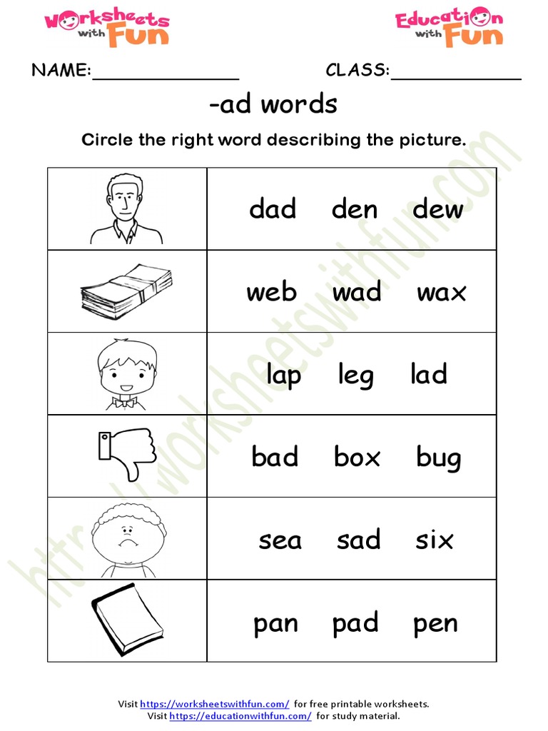 Ad Word Family Worksheet 3 PDF