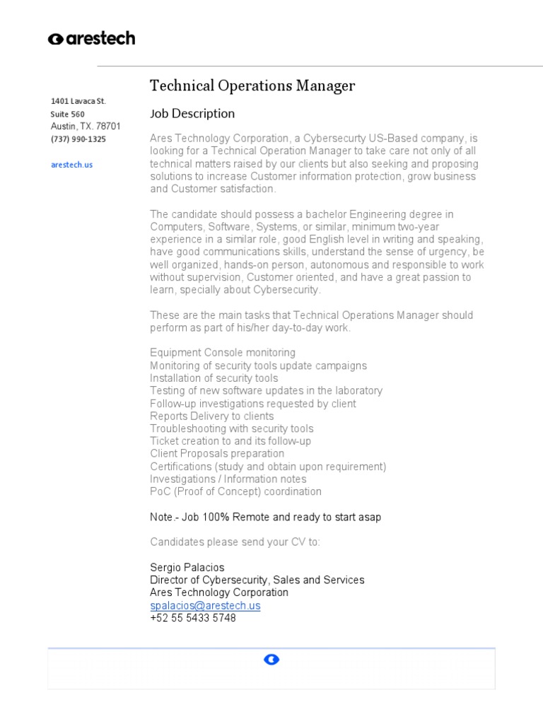 Technical Operations Manager Job Opening | PDF