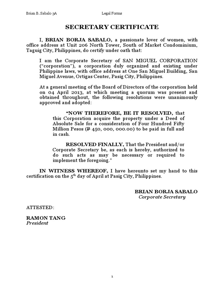 Secretary Certificate Legal Form 40 Characters | PDF