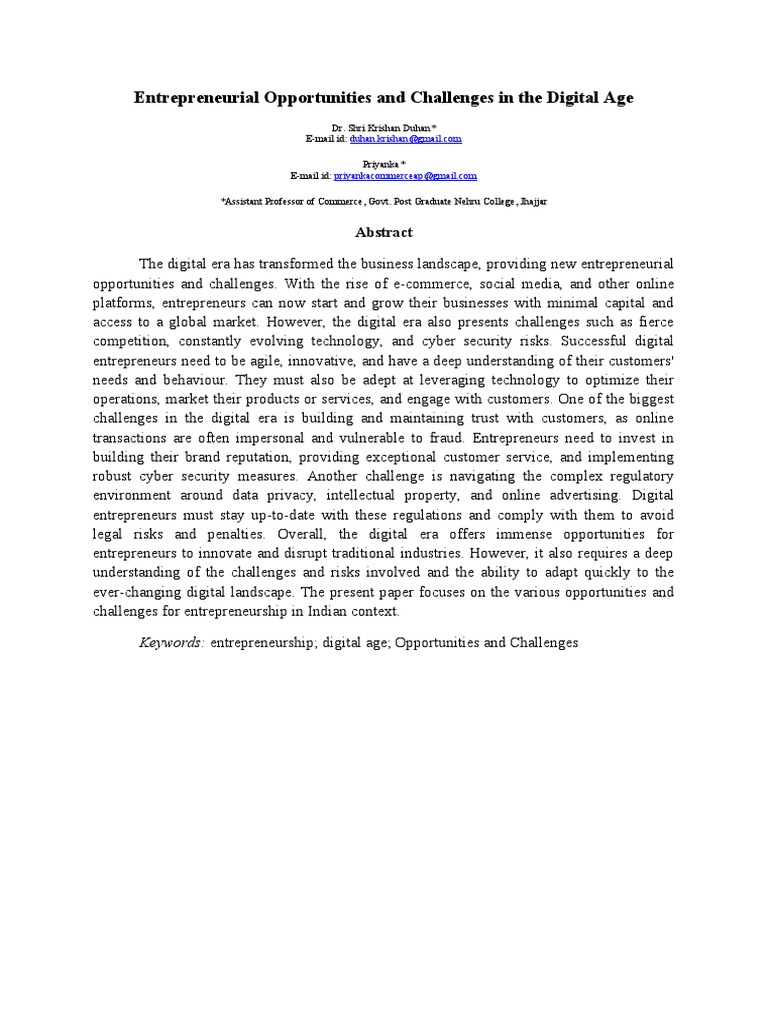 Abstract On Entrepreneurial Opportunities and Challenges in Digital Age ...