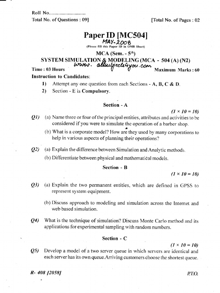 MCA Simulation and Modeling Exam Paper | PDF | Computers | Technology ...