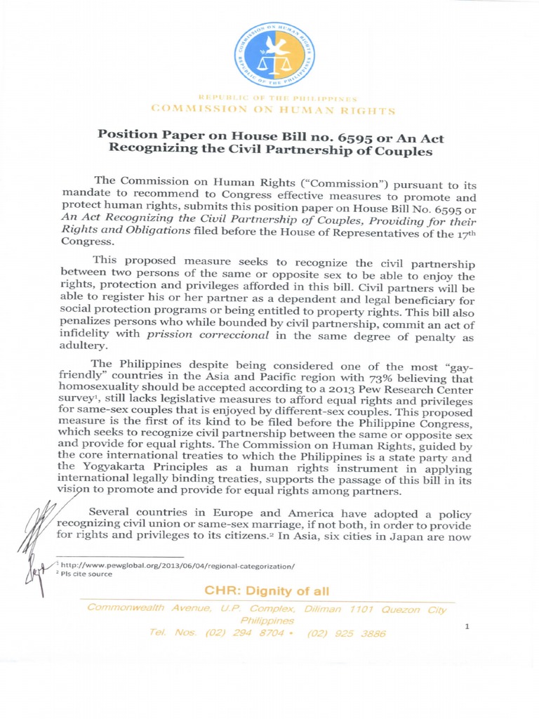 Position Paper On House Bill No 6595 or An Act Recognizing The Civil