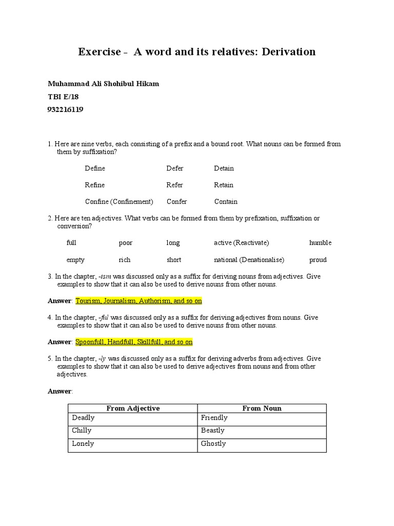 Word Derivation Exercises Guide | PDF | Adjective | Noun
