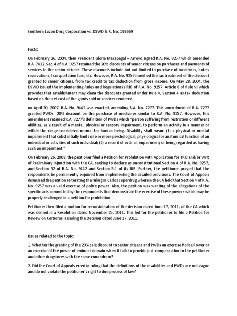 Southern Luzon Drug Corp. vs. DSWD Case Summary | PDF | Disability ...