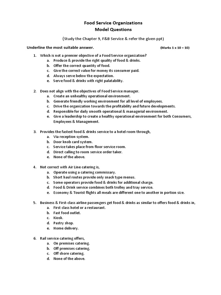 Food Service Organizations Exam Questions | PDF | Foodservice | Fast Food