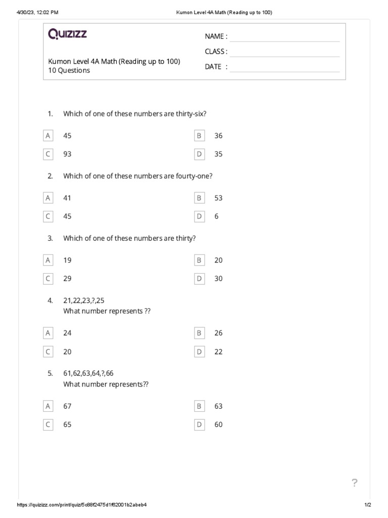 Kumon Level 4A Math (Reading Up To 100) PDF Pedagogy Teaching