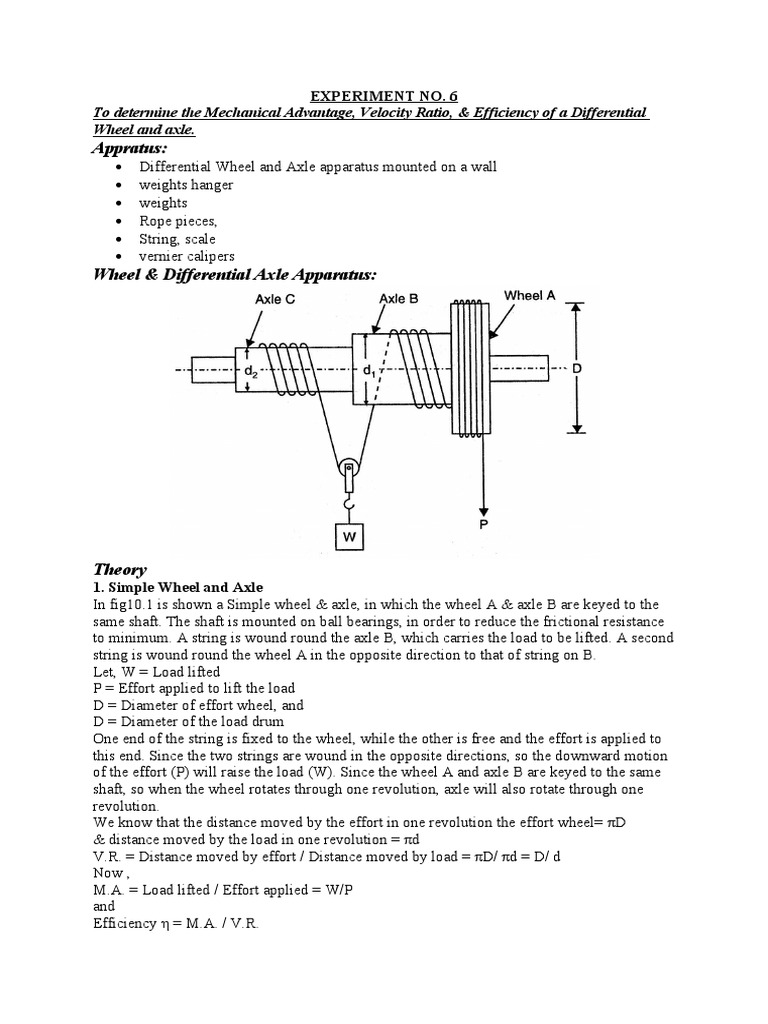 Mechanical Advantage, Velocity Ratio & Efficiency of Differential Wheel & Axle PDF Axle Wheel