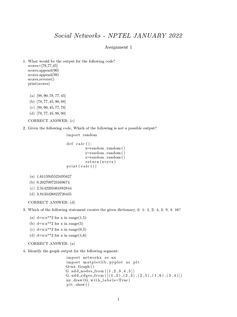 Social Networks - NPTEL JANUARY 2022: Assignment 1 | PDF | Theoretical ...