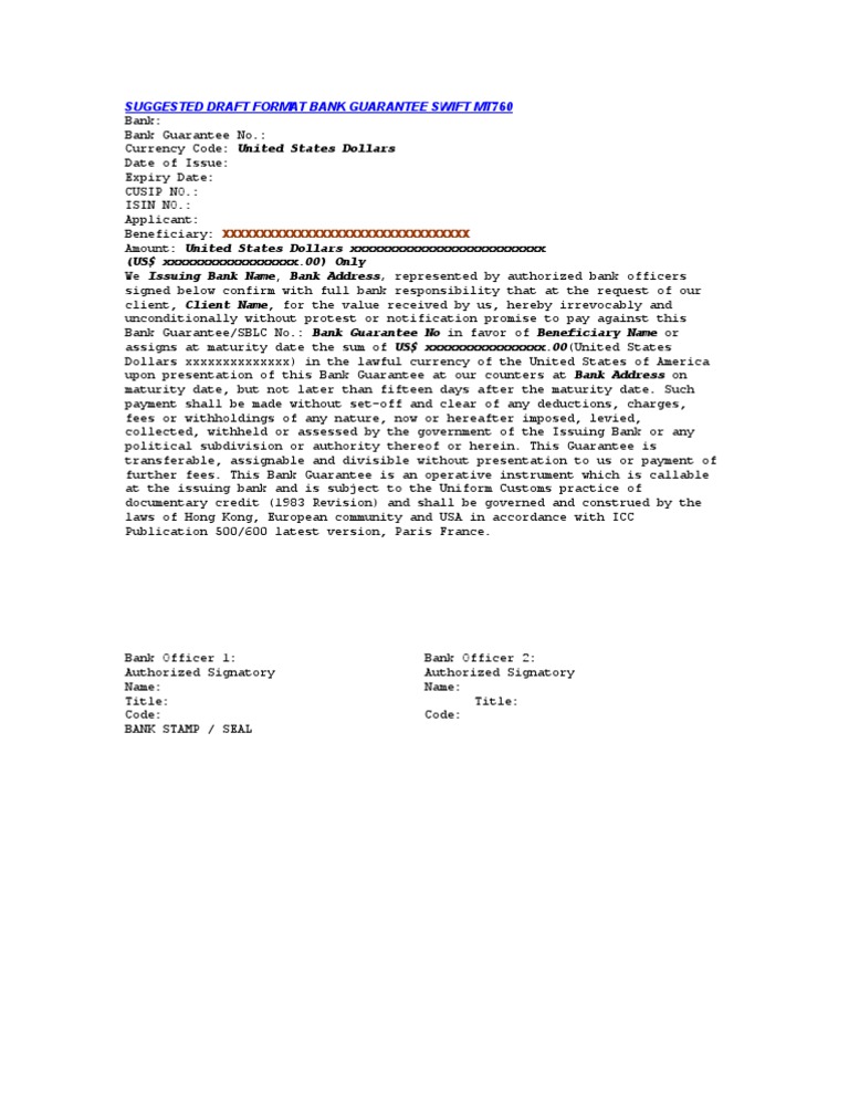 Draft Bank Guarantee MT760 Format | PDF | United States Dollar ...