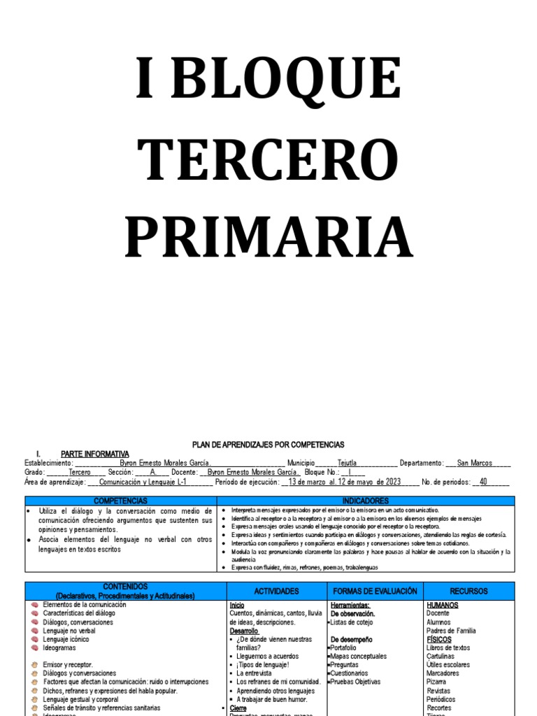 Plan de Aprendizajes Tercero Primaria | PDF | Comunicación | Evaluación