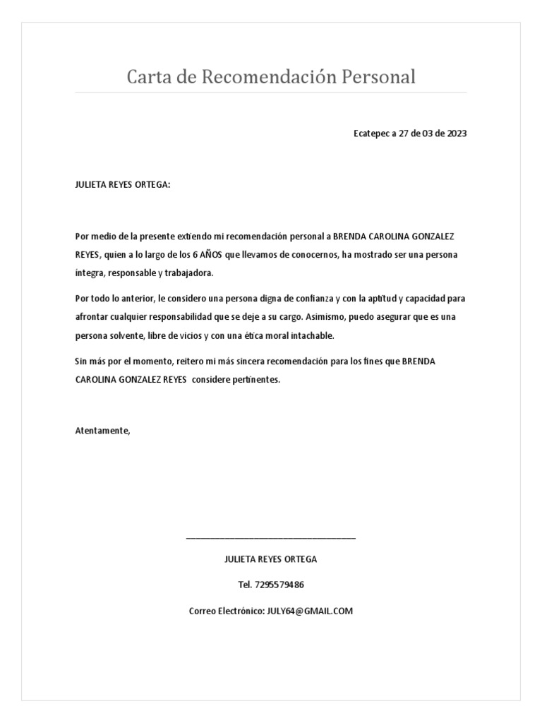 Carta Recomendacion Personal | PDF | Relaciones personales, crianza y ...