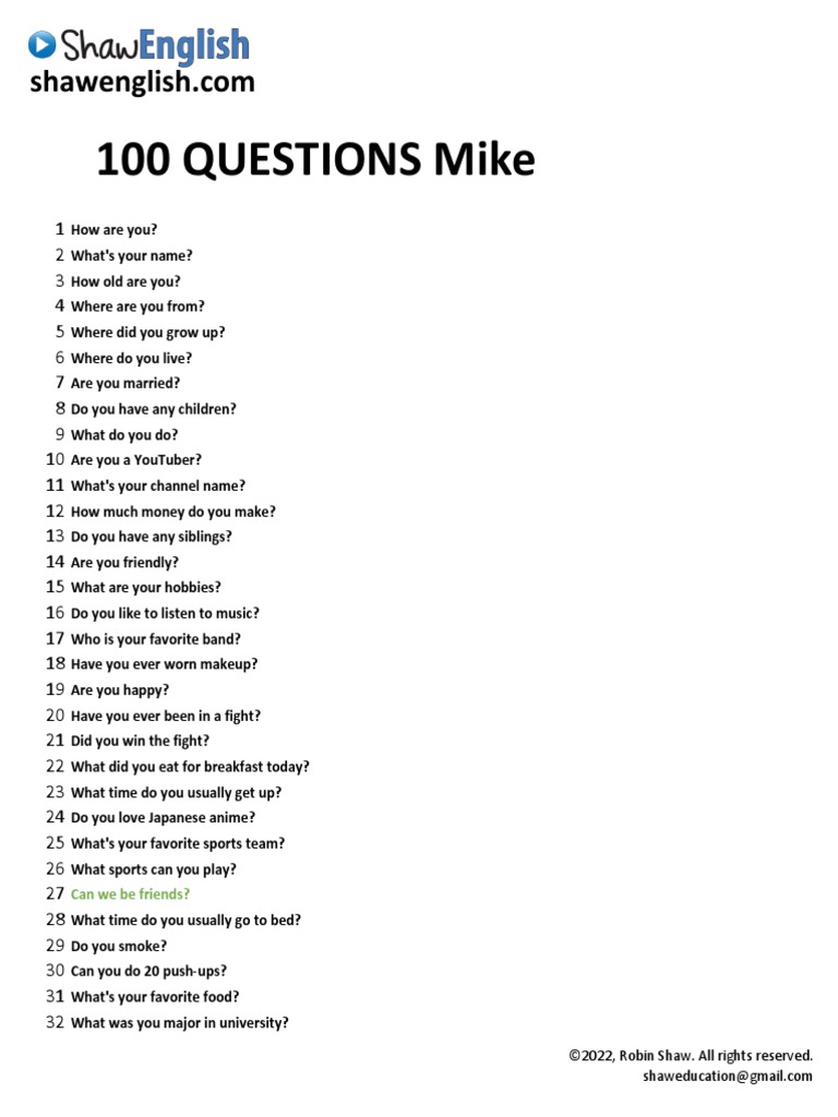 100 Common English Questions Mike Pdf Pdf