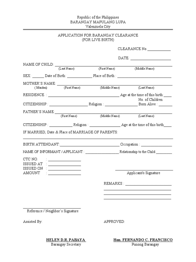 Republic of the Philippines Barangay Clearance Application | PDF ...