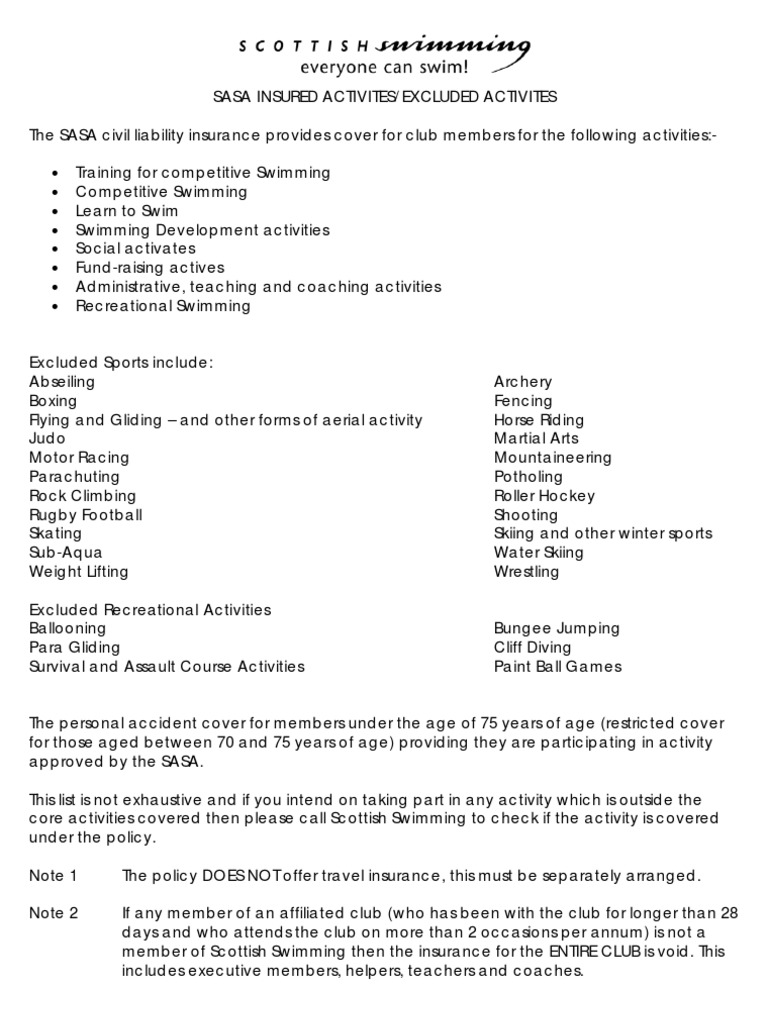 SASA Insurance: Covered and Excluded Activities | PDF | Outdoor ...