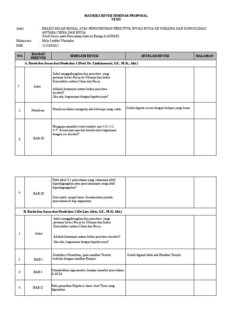 Matriks Revisi Proposal Tesis Sempro | PDF