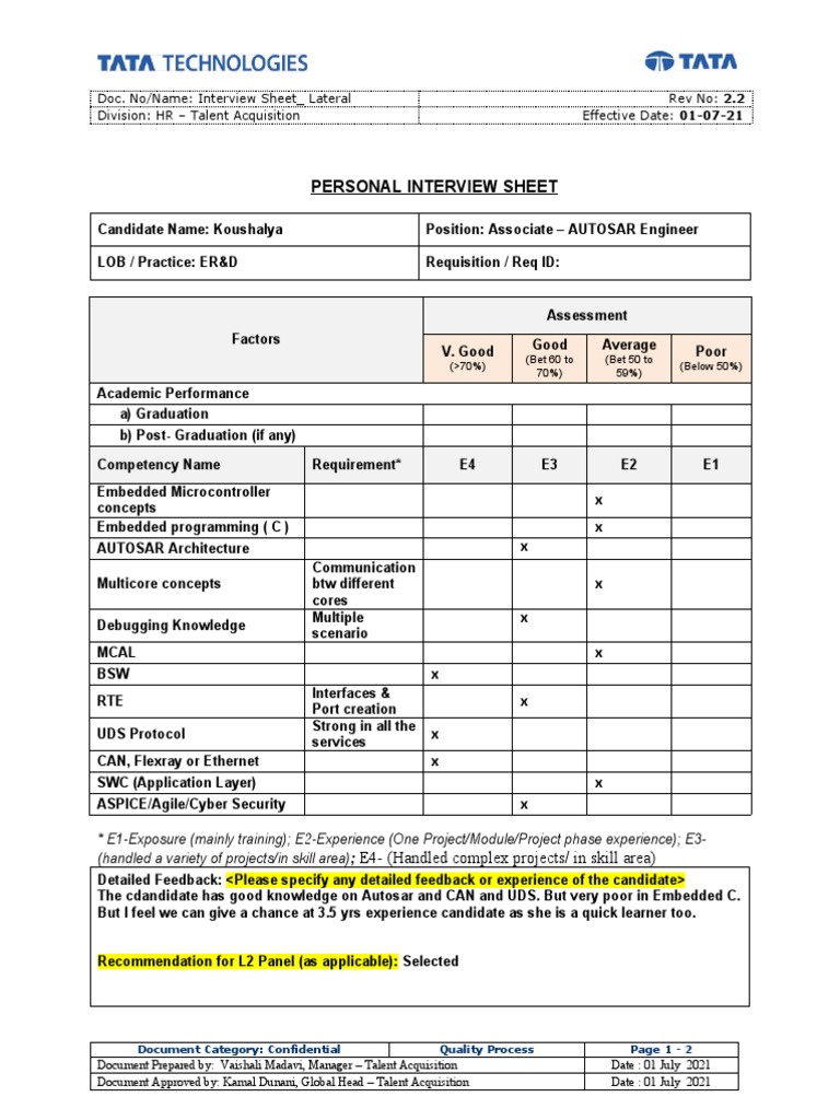 Lateral Interview Sheet for AUTOSAR Engineer | PDF | Concept | Learning