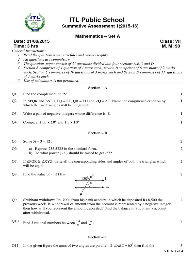 Cbse Kv Class Vii Sa I Maths Sample Question Paper 2015 Pdf
