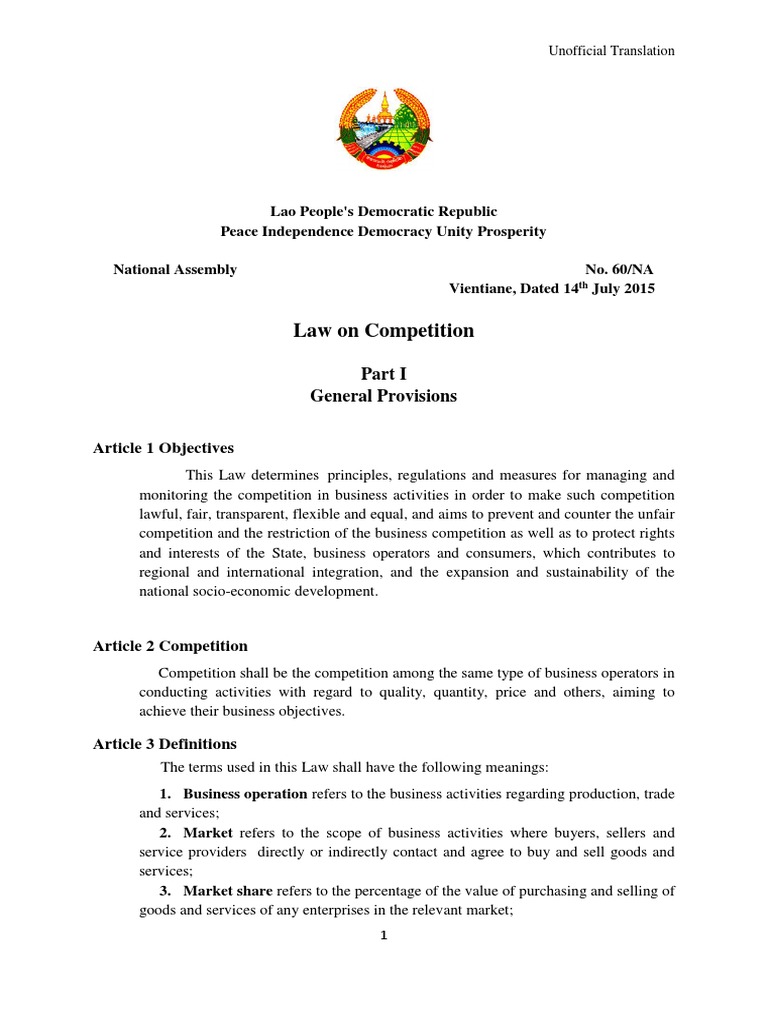 Lao Competition Law Overview | PDF | Monopoly | Market (Economics)