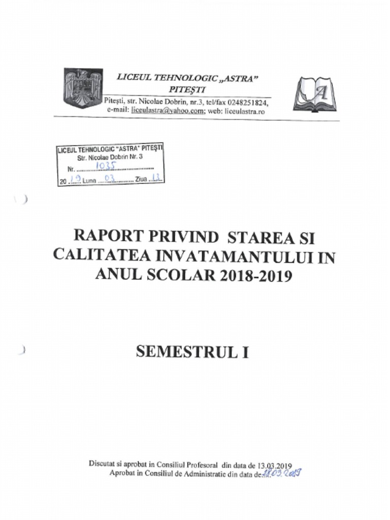 Raport Privind Starea Calitatii Invatamantului Sem 1 2018-2019 PDF | PDF