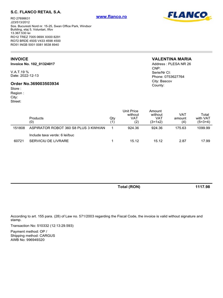 Invoice for Valentina Maria's Order | PDF
