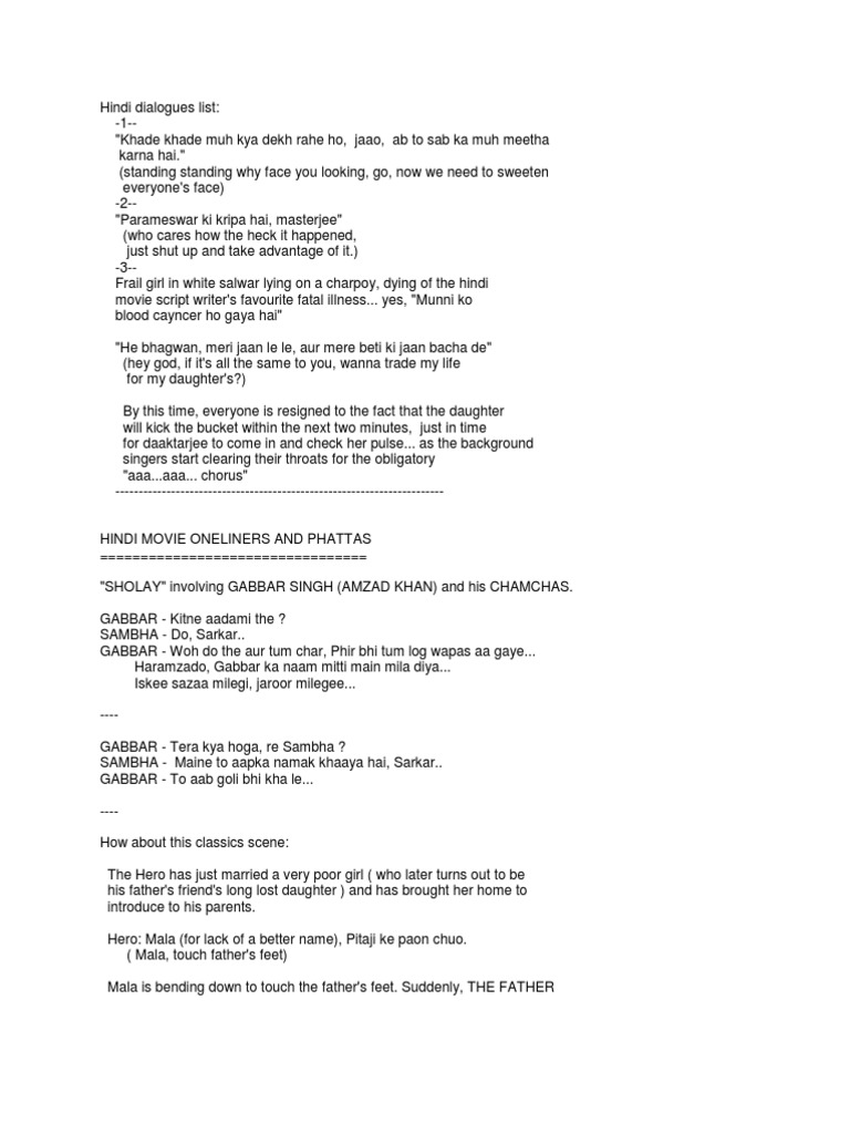 Hindi Dialogues List | Download Free PDF | Bollywood | Cinema Of India