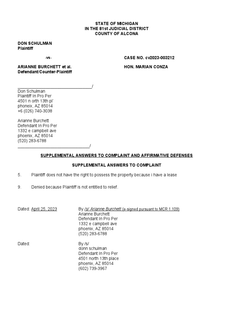 Supplemental Answers, Defenses, Counterclaim Possession PDF