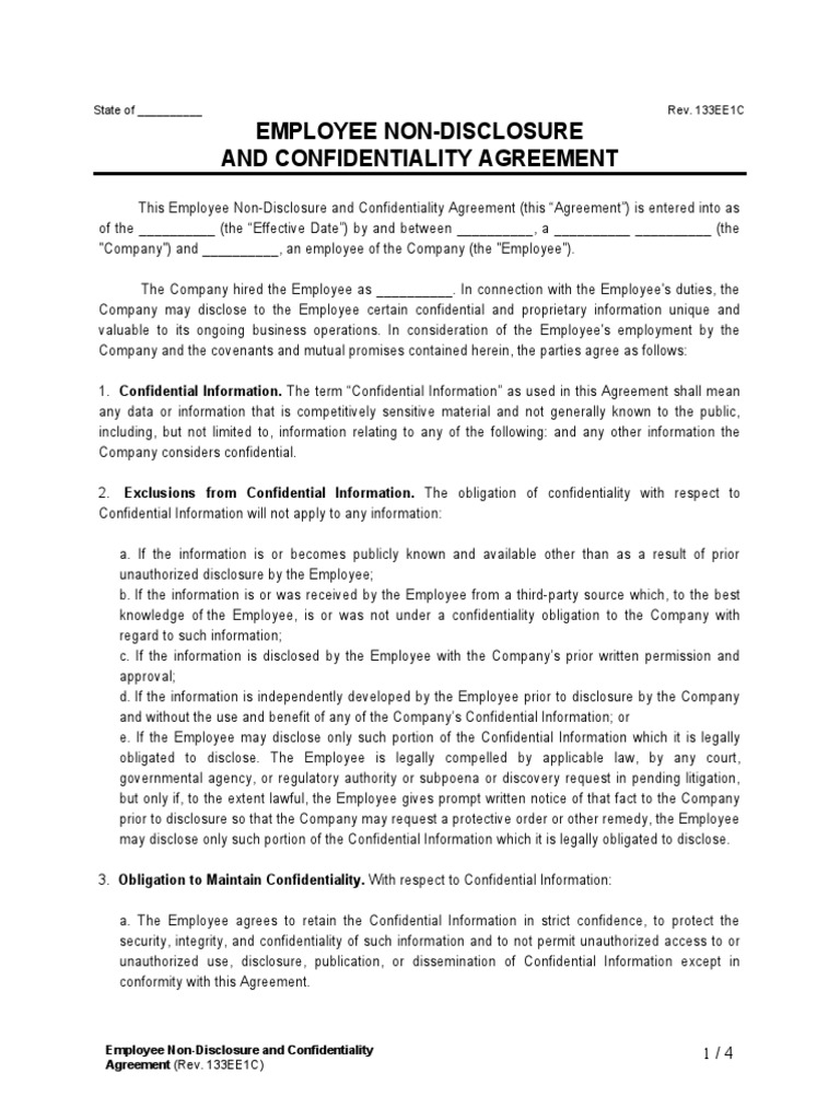 Employee Non Disclosure and Confidentiality Agreement Download Free
