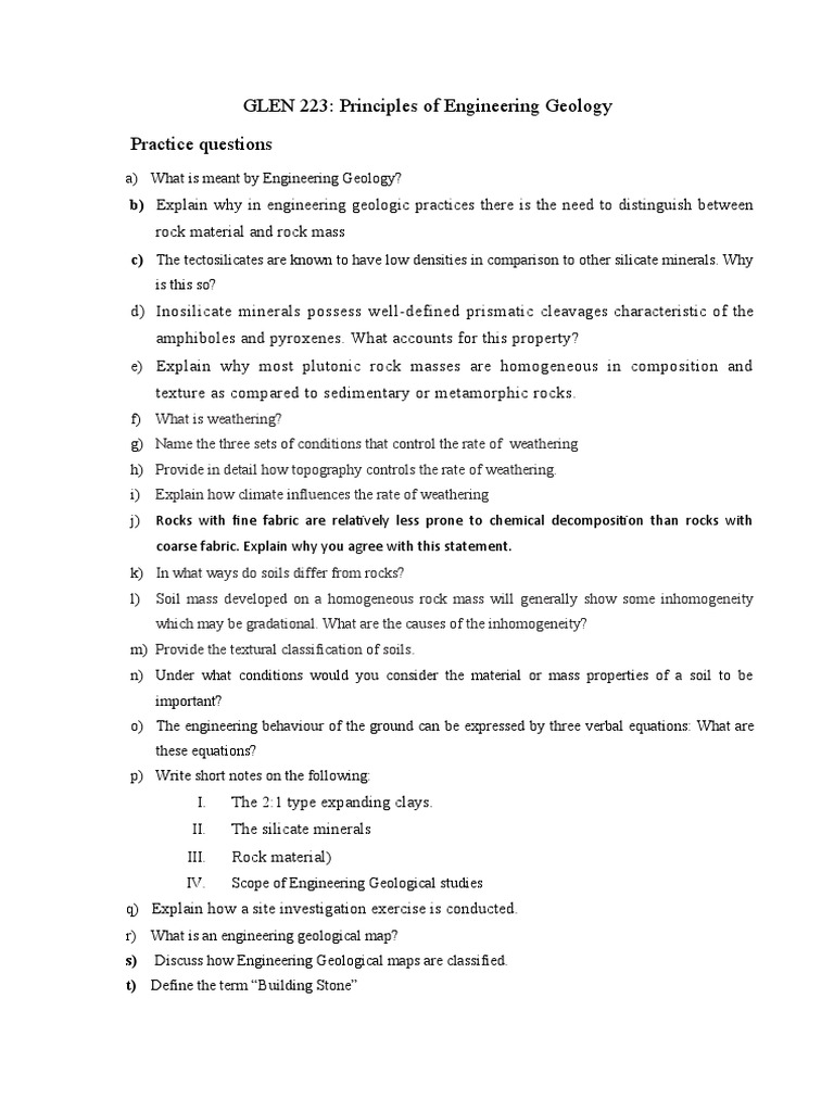 GLEN 223 Principles of Engineering Geology - Practice Questions | PDF ...