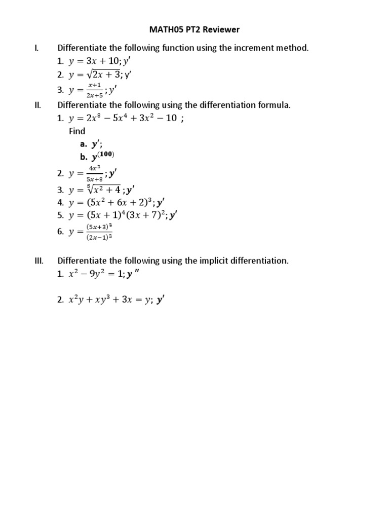 MATH05 PT2 Reviewer PDF Algebra Differential Calculus