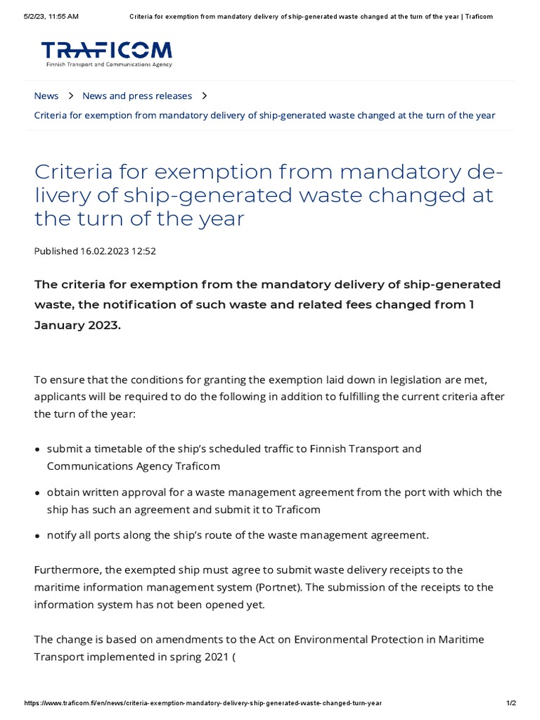 Criteria For Exemption From Mandatory Delivery of ShipGenerated Waste