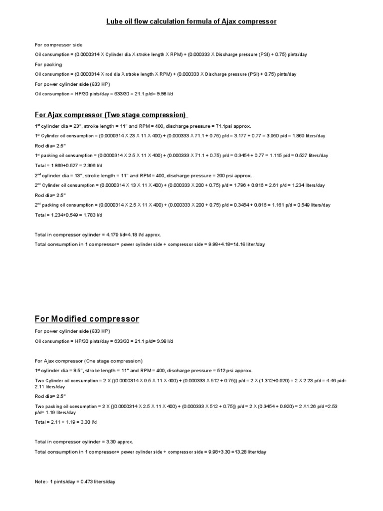 Lube Oil Flow Calculation Formula of Ajax Compressor PDF