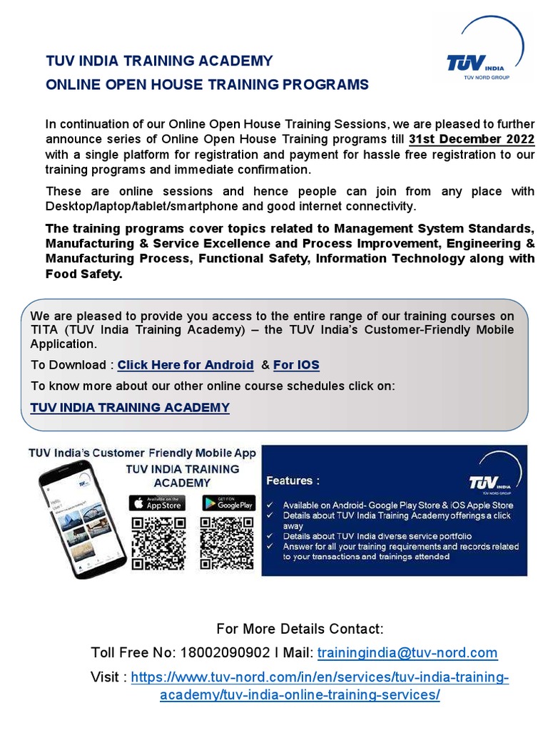 TUV India Training Academy Online Open House Training Calendar Uptill