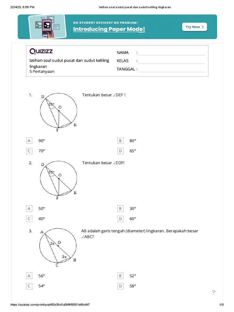 latihan soal sudut pusat dan sudut keliling lingkaran | PDF