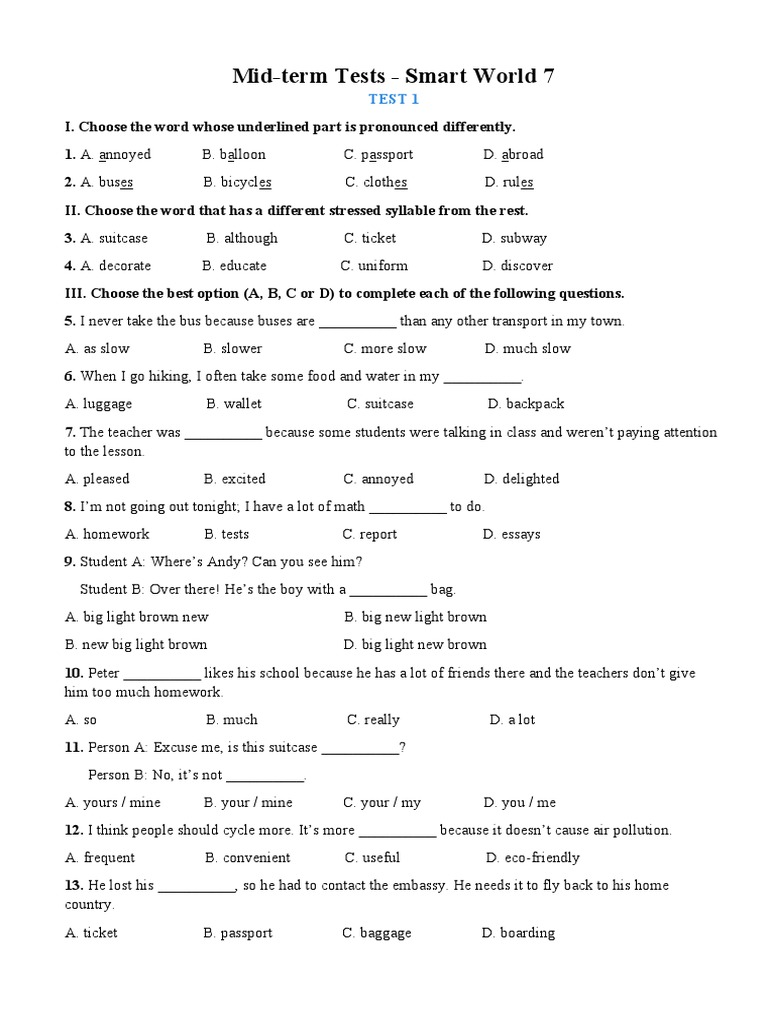 Mid-term Exam Guide for Smart World 7 | PDF | Travel | Language Arts ...