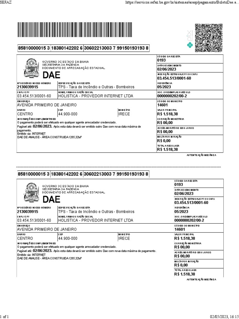 Taxa de Incêndio - Holística Irecê | PDF
