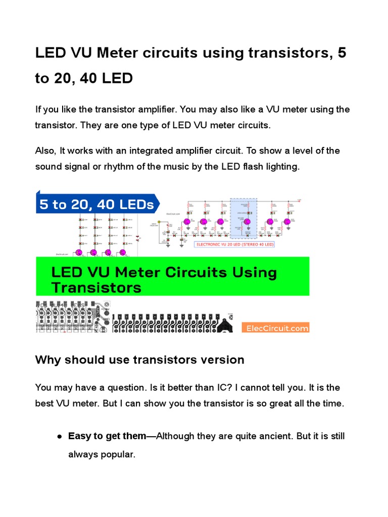 LED VU Meter Circuits Using Transistors 5 To 20 40 LED | PDF