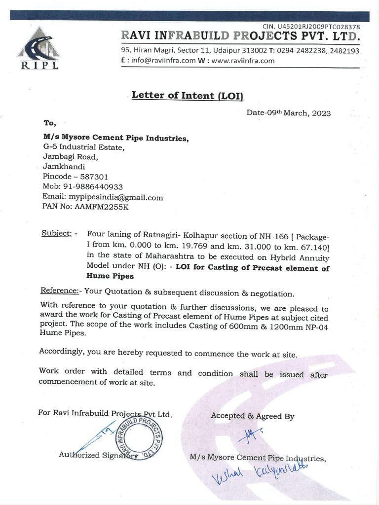 LOI Mysore Cement Pipe Industries PDF PDF