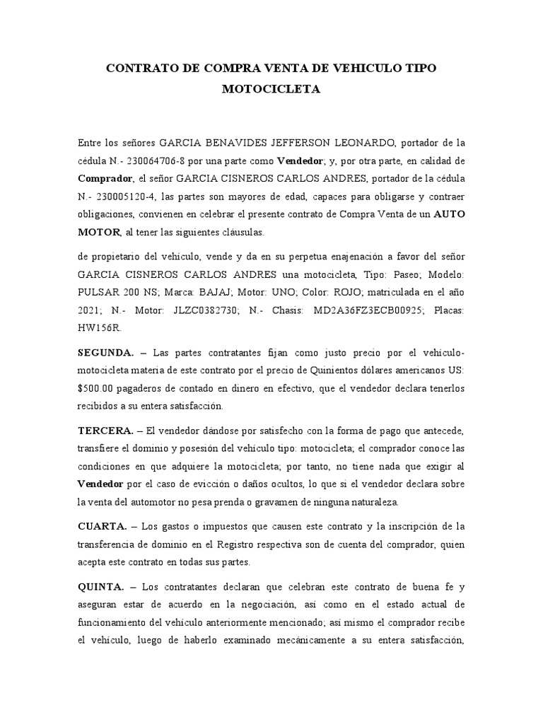 Contrato de Compra Venta Motocicleta | PDF | Finanzas y dinero | Derecho