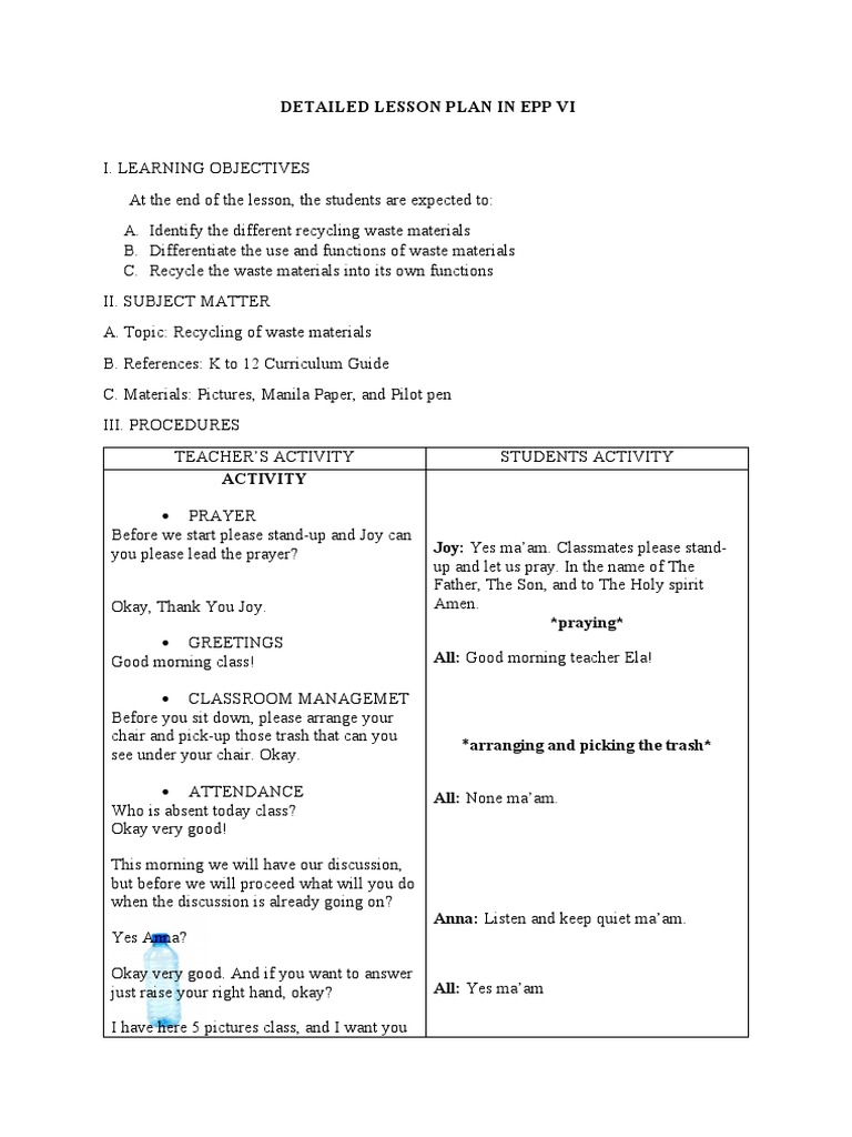 EPP VI Lesson Plan: Recycling Waste Materials | PDF | Language Arts ...