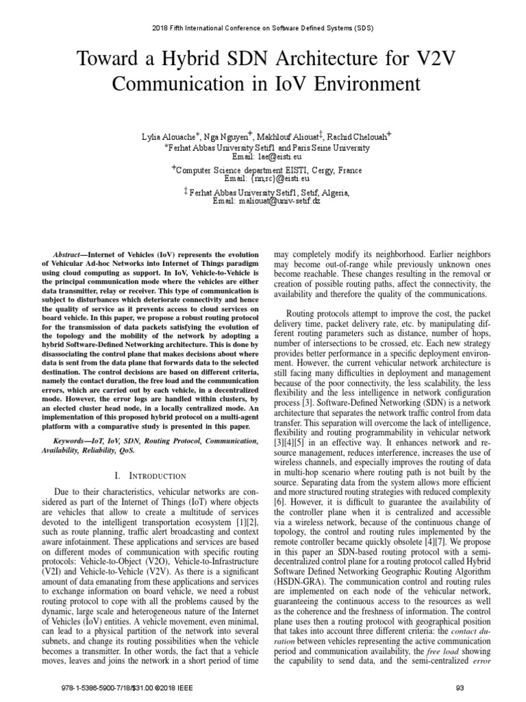 Toward A Hybrid SDN Architecture For V2V Communication in IoV ...
