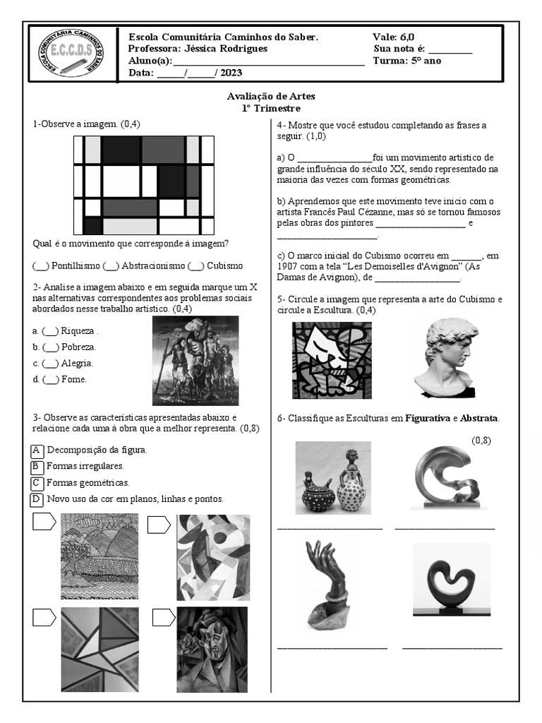 Avaliação de Artes 5º Ano 1º Trimestre 2023 | PDF