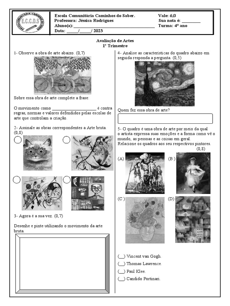 Avaliação de Artes 4º Ano - 1º Trimestre | PDF