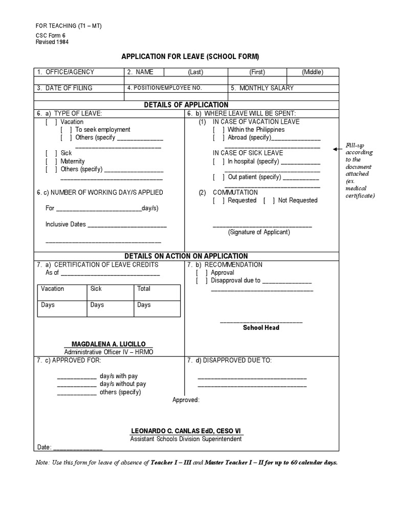 CSC FORM 6 Application For Leave For Teaching Personnel | PDF | Sick ...